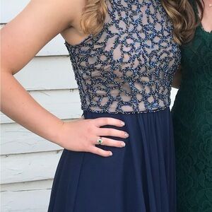 Terani Couture Navy and Beige Beaded Prom/Formal Dress